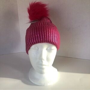 More Than Magic Girls' Ribbed Beanie Hat with Pom Metallic Pink OSFM